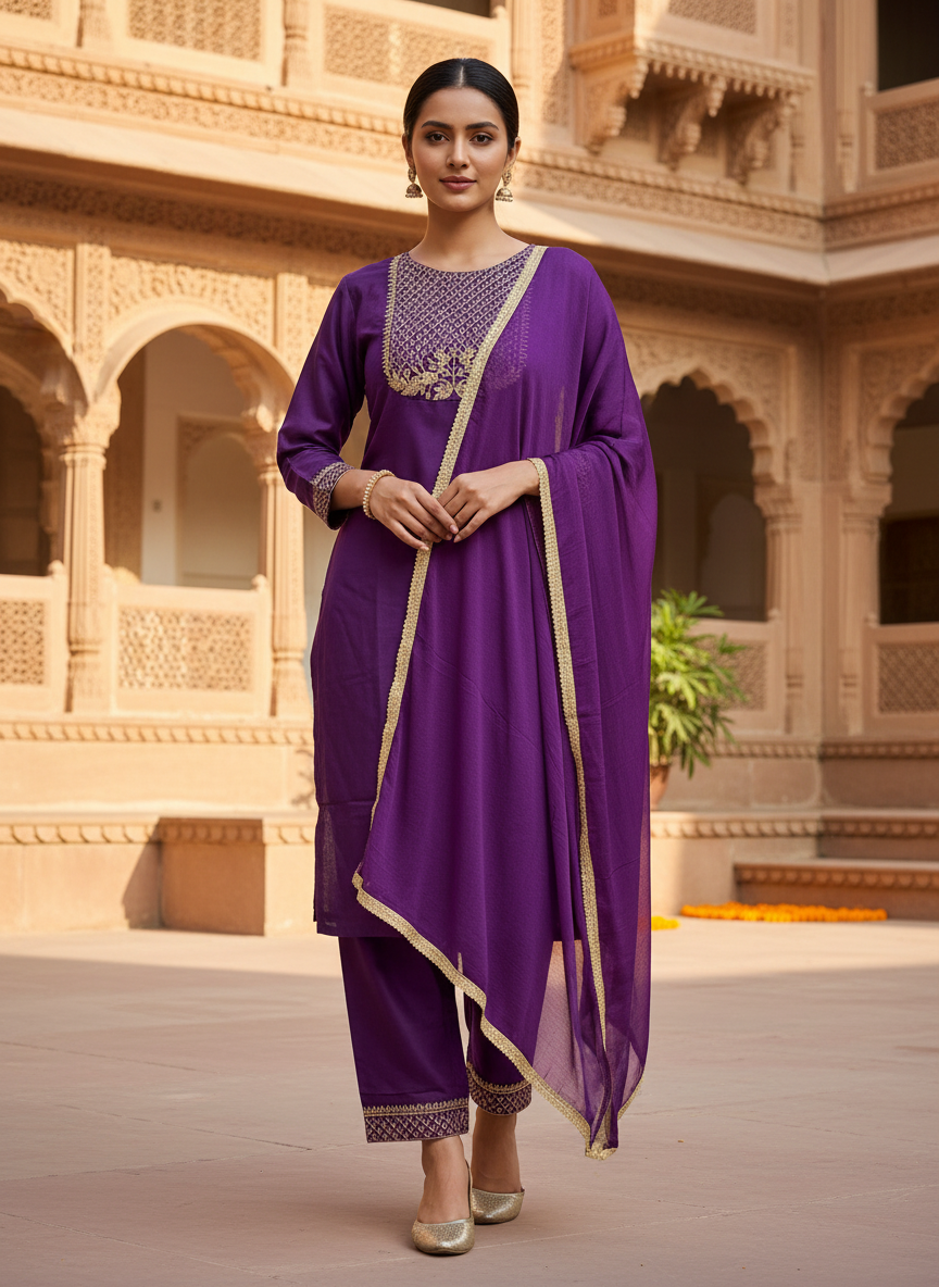 Deep Purple Embroidered Kurta Set With Dupatta