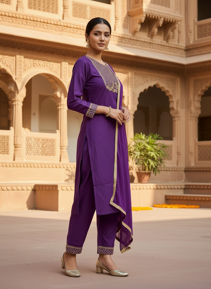 Deep Purple Embroidered Kurta Set With Dupatta