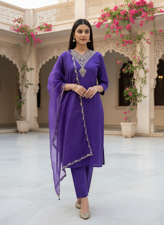 Embroidered Purple Kurta Pant Set With Dupatta