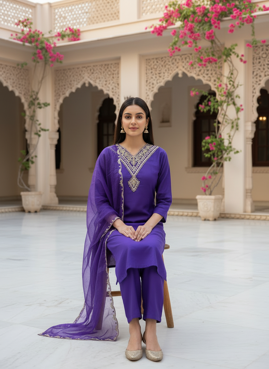 Embroidered Purple Kurta Pant Set With Dupatta