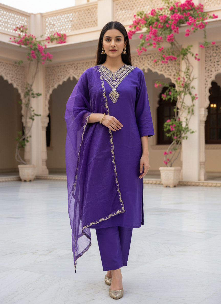 Embroidered Purple Kurta Pant Set With Dupatta
