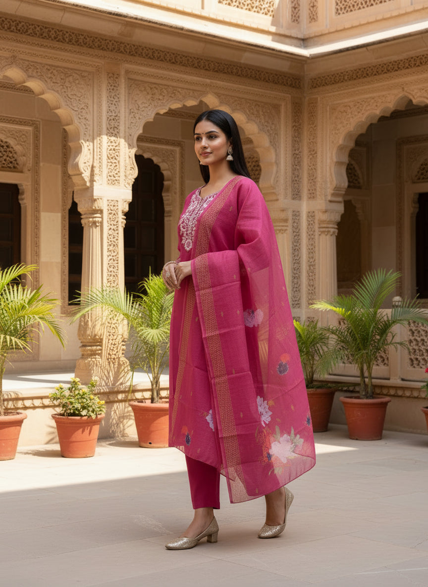 Rani Pink Embroidered Kurta Set With Dupatta