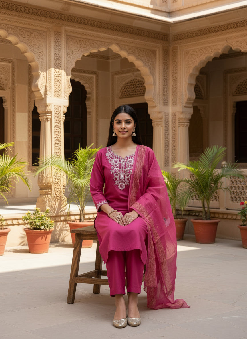 Rani Pink Embroidered Kurta Set With Dupatta