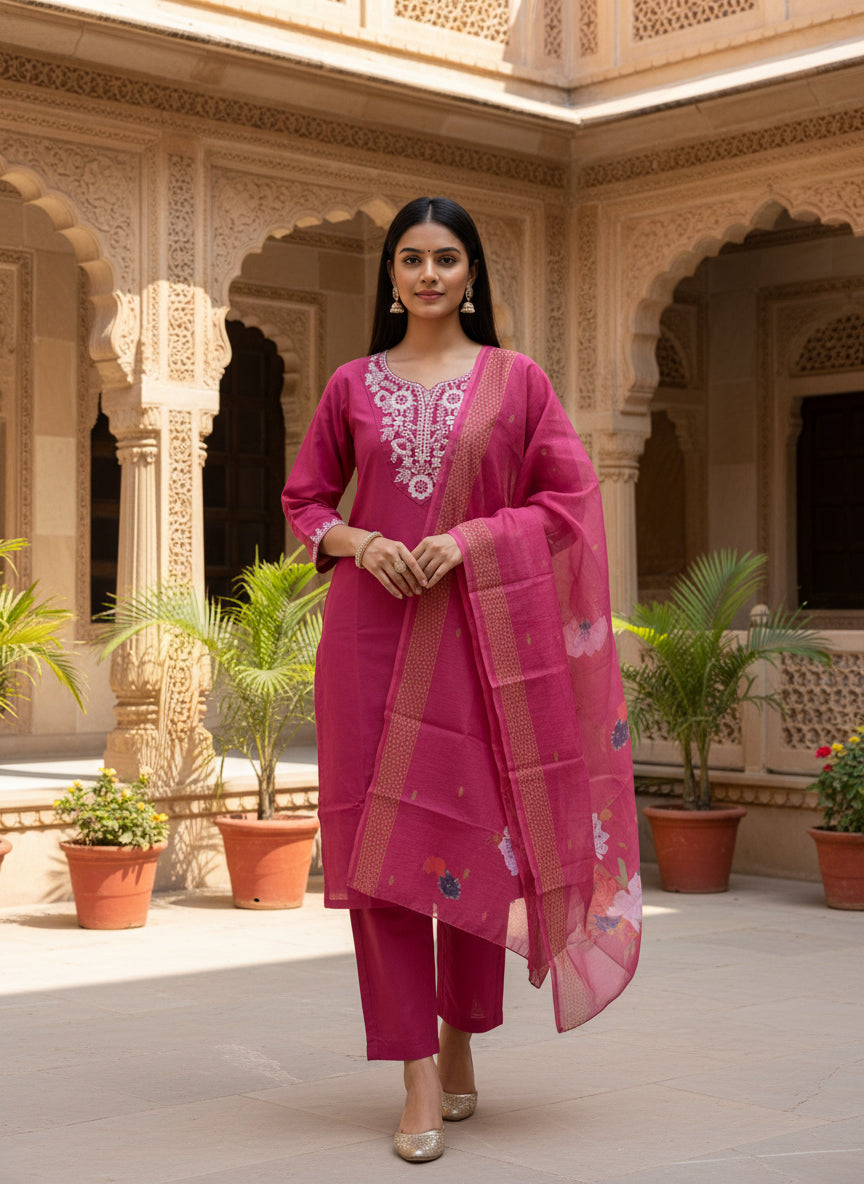 Rani Pink Embroidered Kurta Set With Dupatta