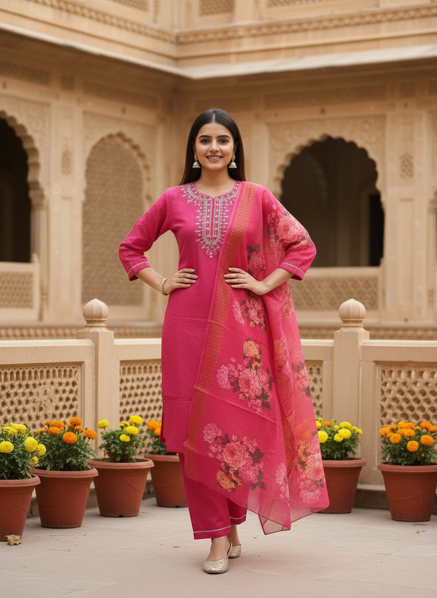 Elegant Magenta 3-Piece Kurta Set With Dupatta