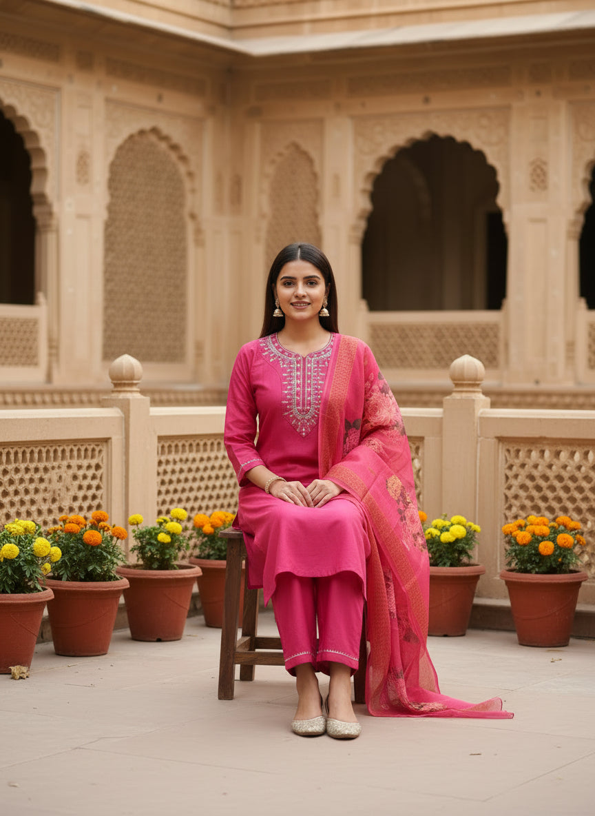 Elegant Magenta 3-Piece Kurta Set With Dupatta