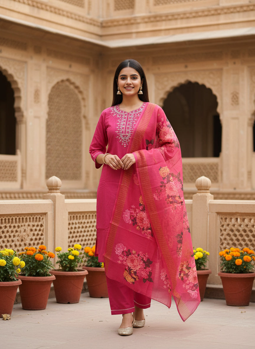 Elegant Magenta 3-Piece Kurta Set With Dupatta