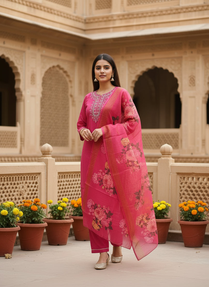Elegant Magenta 3-Piece Kurta Set With Dupatta