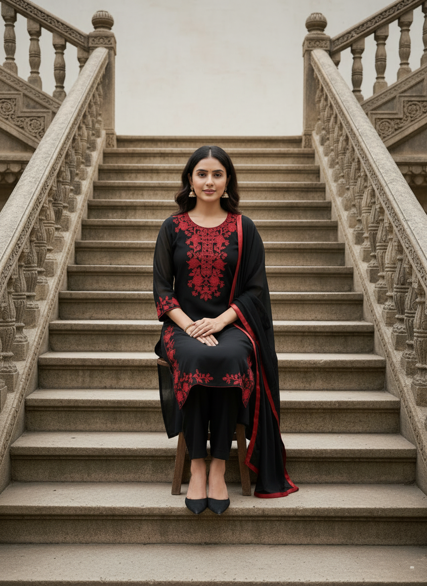 Elegant Black Embroidered Salwar Suit With Dupatta