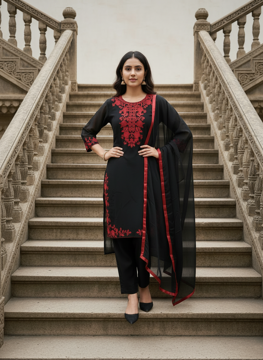 Elegant Black Embroidered Salwar Suit With Dupatta