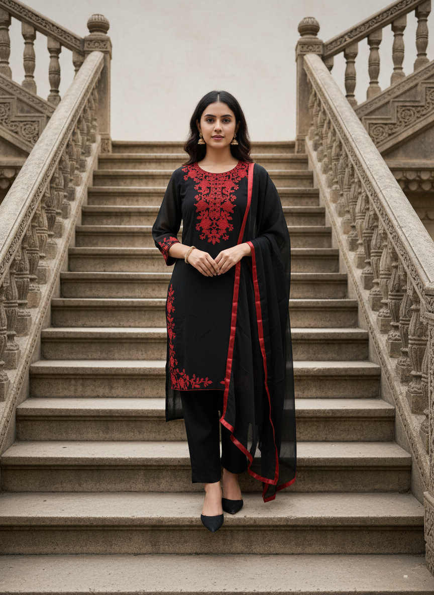 Elegant Black Embroidered Salwar Suit With Dupatta
