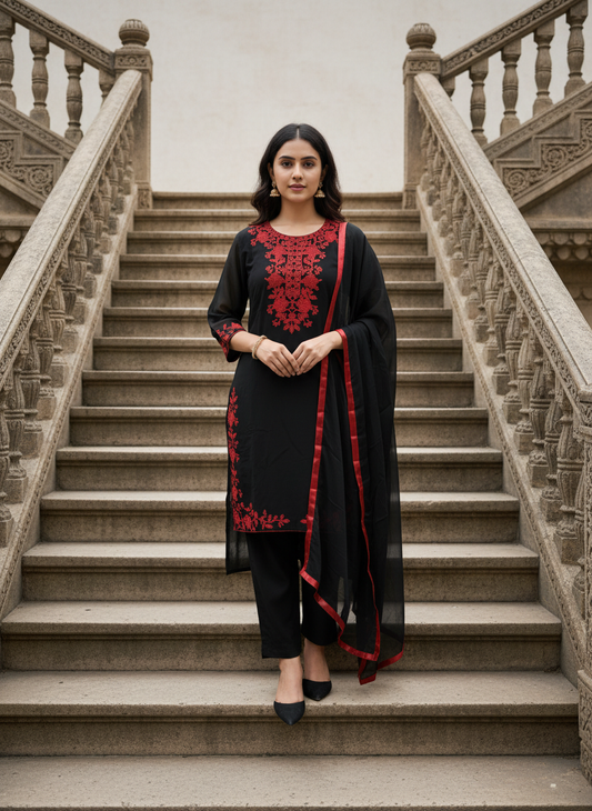 Elegant Black Embroidered Salwar Suit With Dupatta
