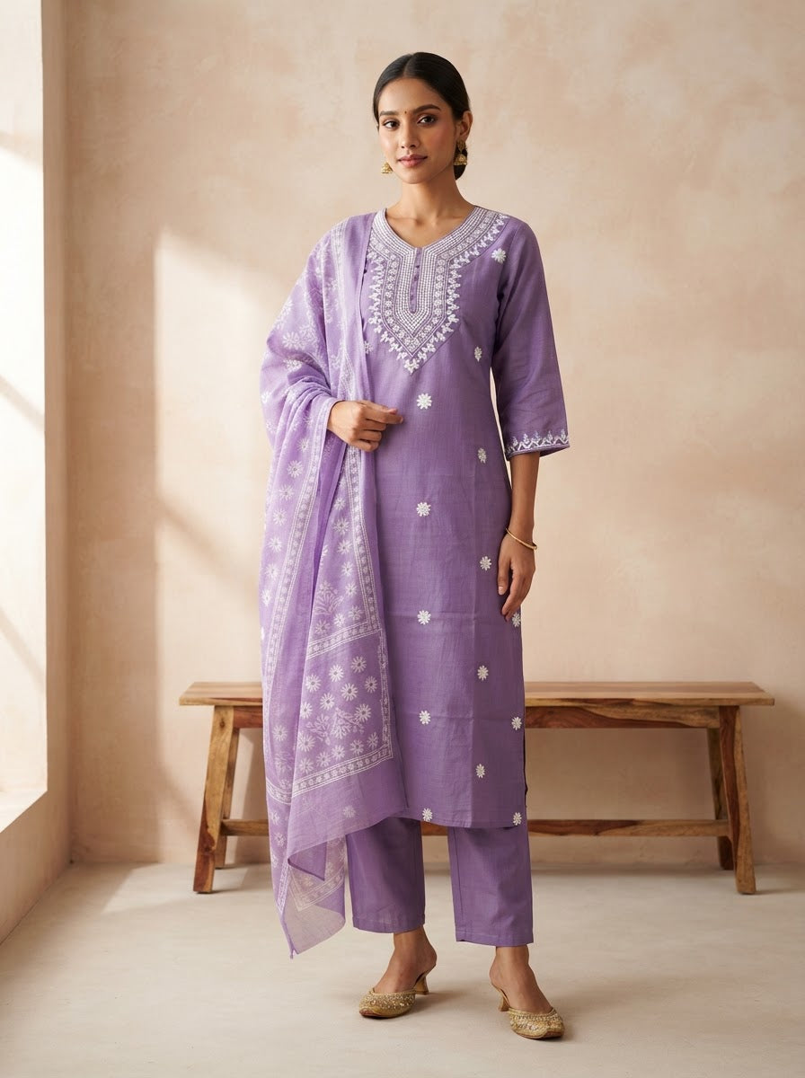 Lavender Embroidered Kurta Suit Set With Dupatta