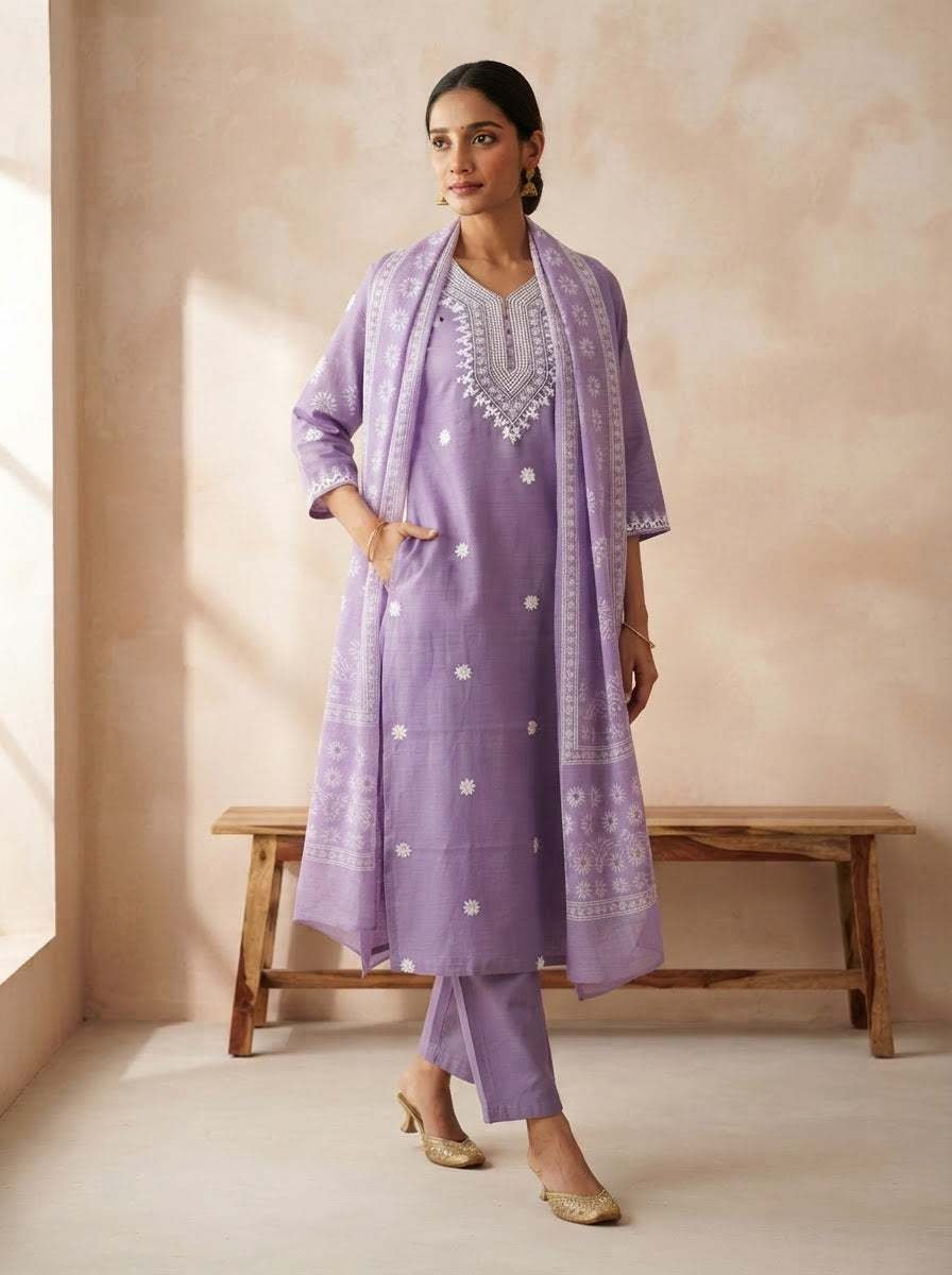 Lavender Embroidered Kurta Suit Set With Dupatta