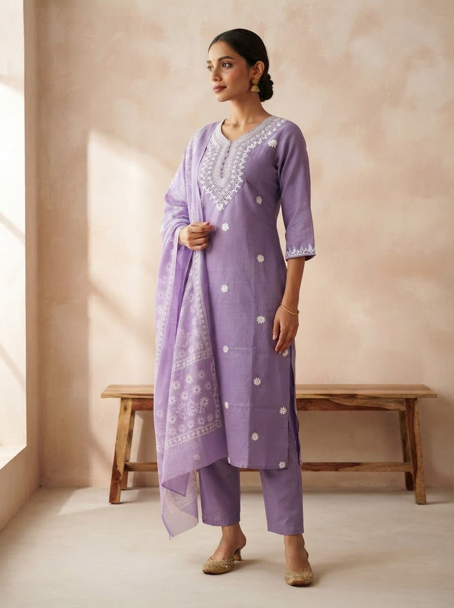 Lavender Embroidered Kurta Suit Set With Dupatta