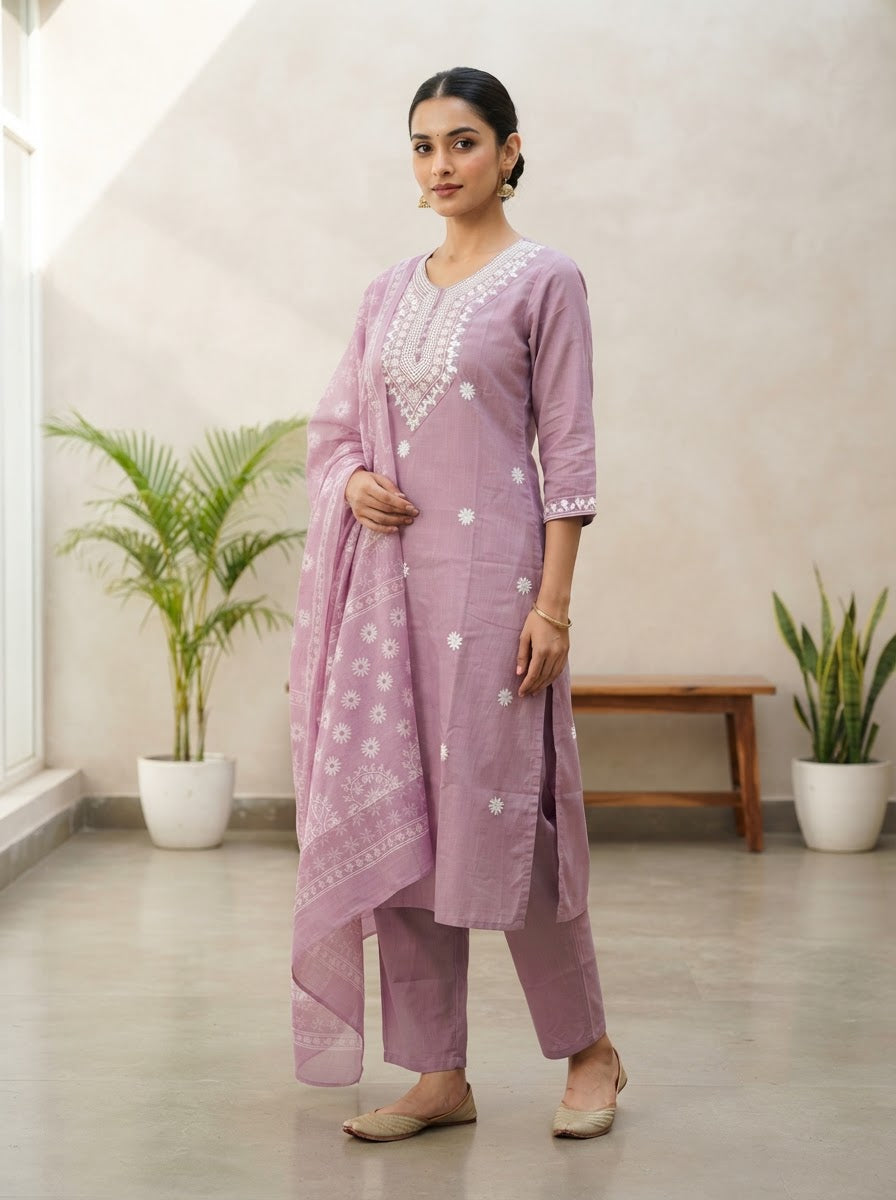 Embroidered Lavender Kurta Pant Set With Dupatta
