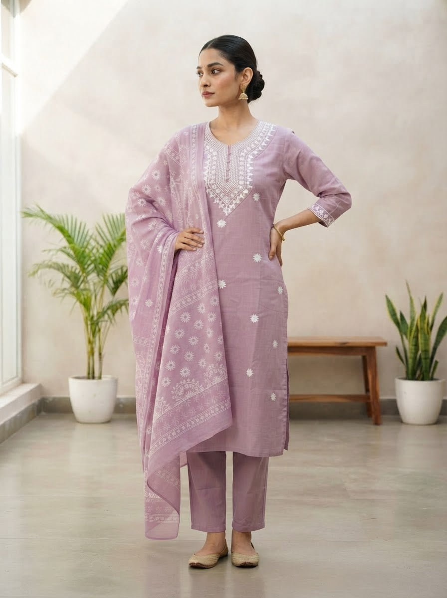 Embroidered Lavender Kurta Pant Set With Dupatta