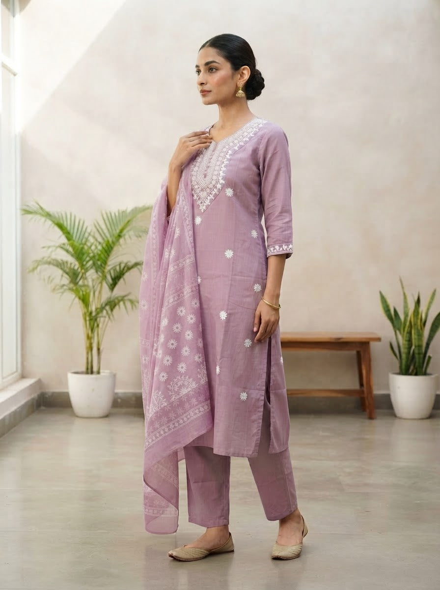 Embroidered Lavender Kurta Pant Set With Dupatta