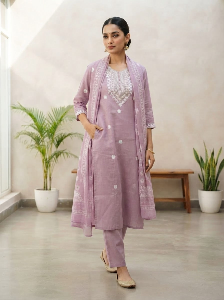 Embroidered Lavender Kurta Pant Set With Dupatta