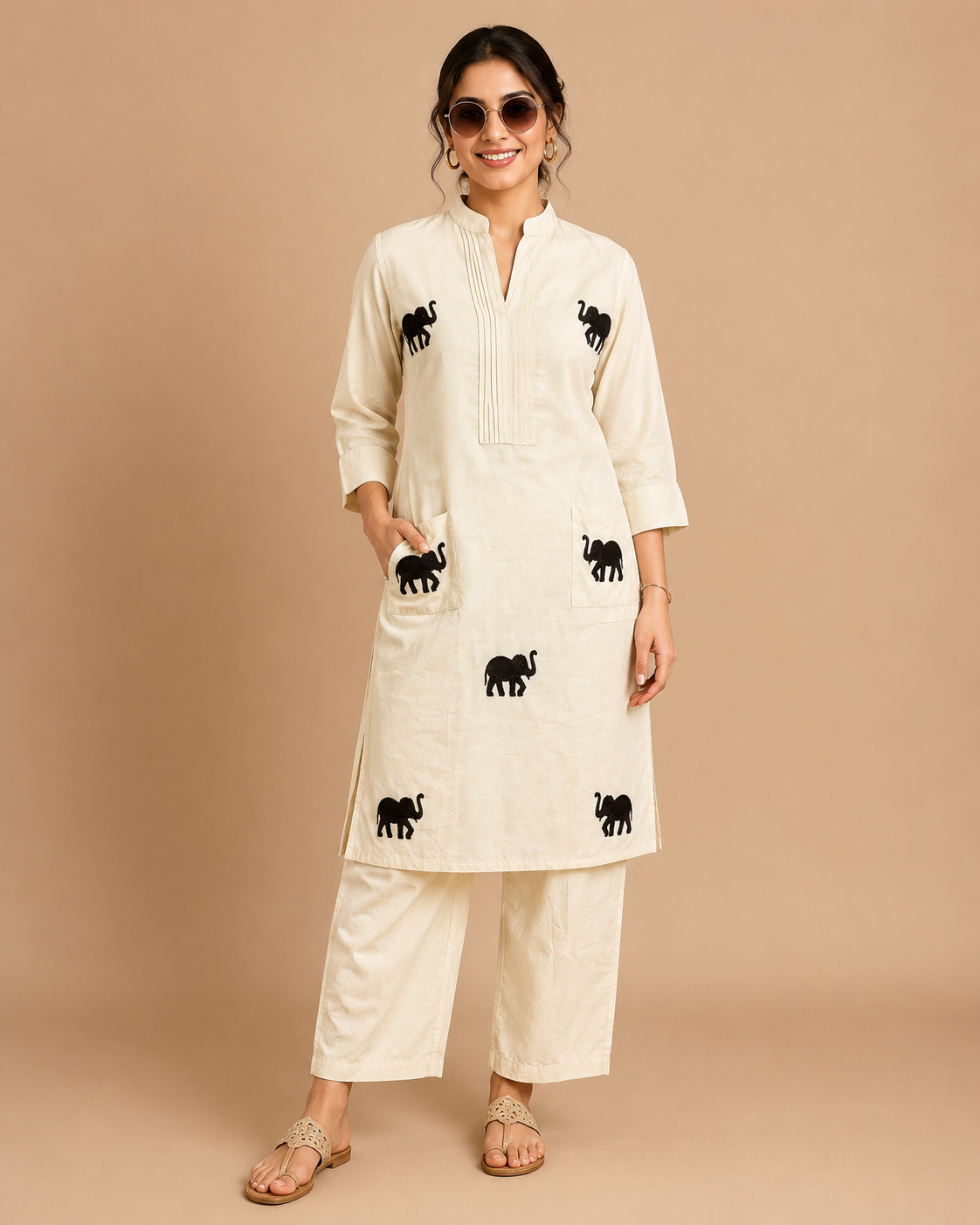 White Elephant Embroidered Kurta Set