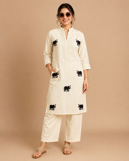 White Elephant Embroidered Kurta Set
