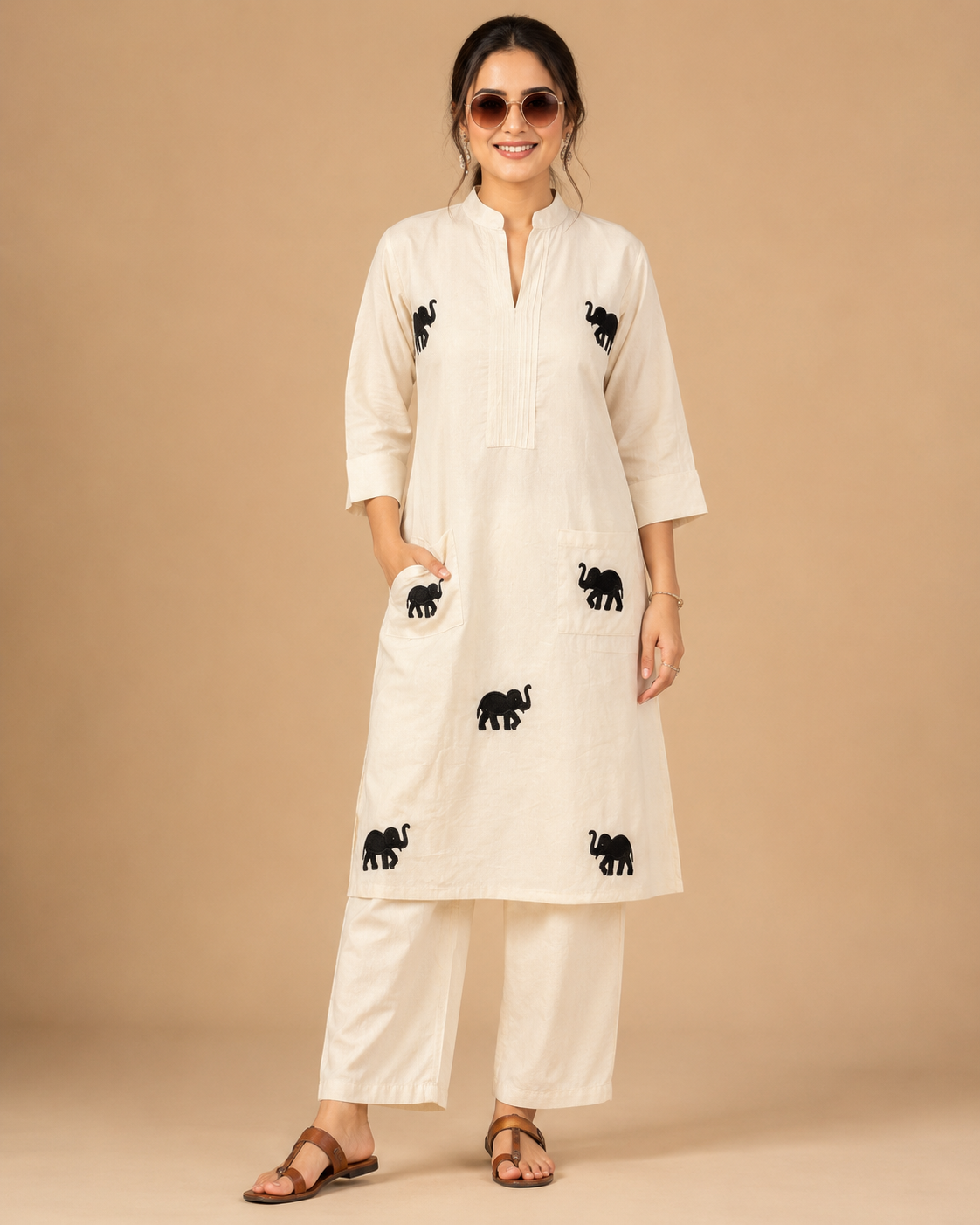 White Elephant Embroidered Kurta Set