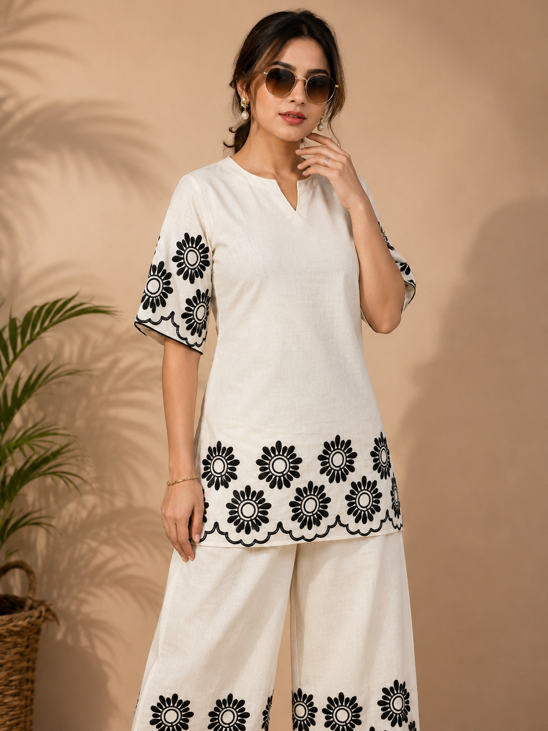 Monochrome Embroidered Kurta Palazzo Set