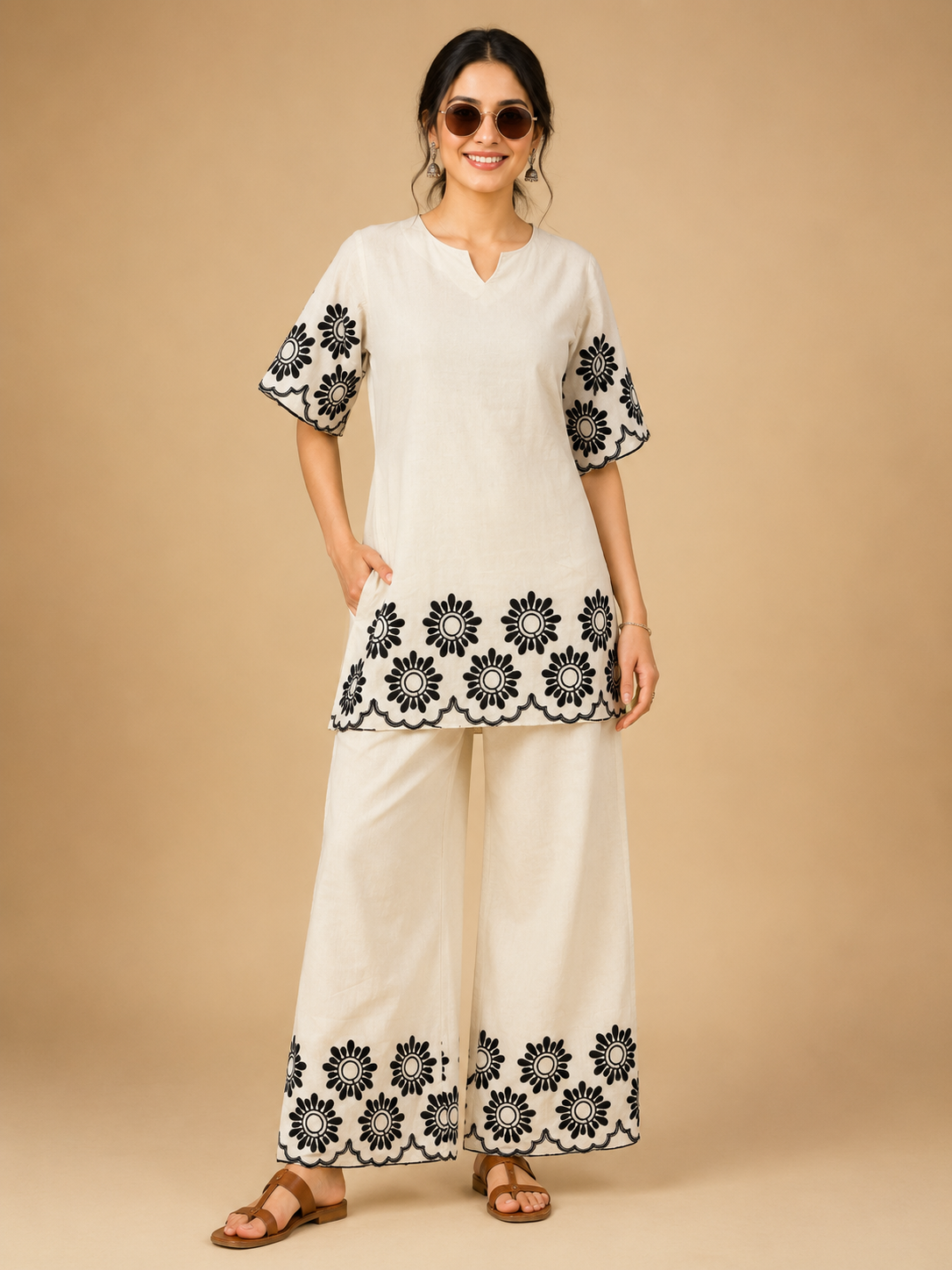 Monochrome Embroidered Kurta Palazzo Set