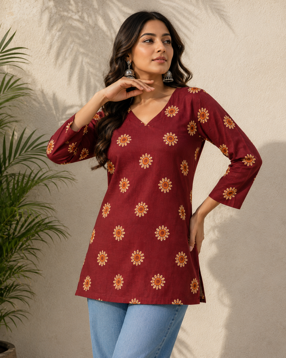 Maroon Floral Printed V-Neck Short Kurti