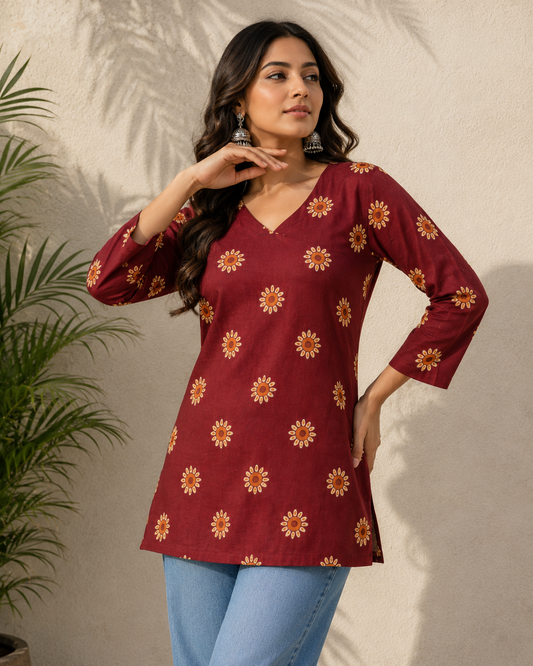 Maroon Floral Printed V-Neck Short Kurti