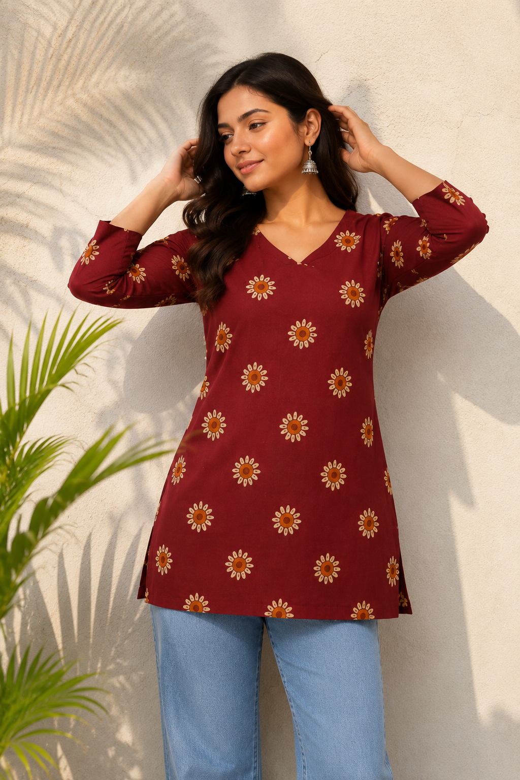 Maroon Floral Printed V-Neck Short Kurti