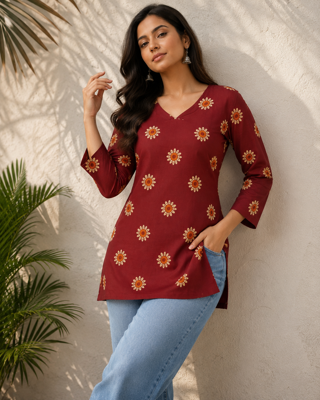 Maroon Floral Printed V-Neck Short Kurti