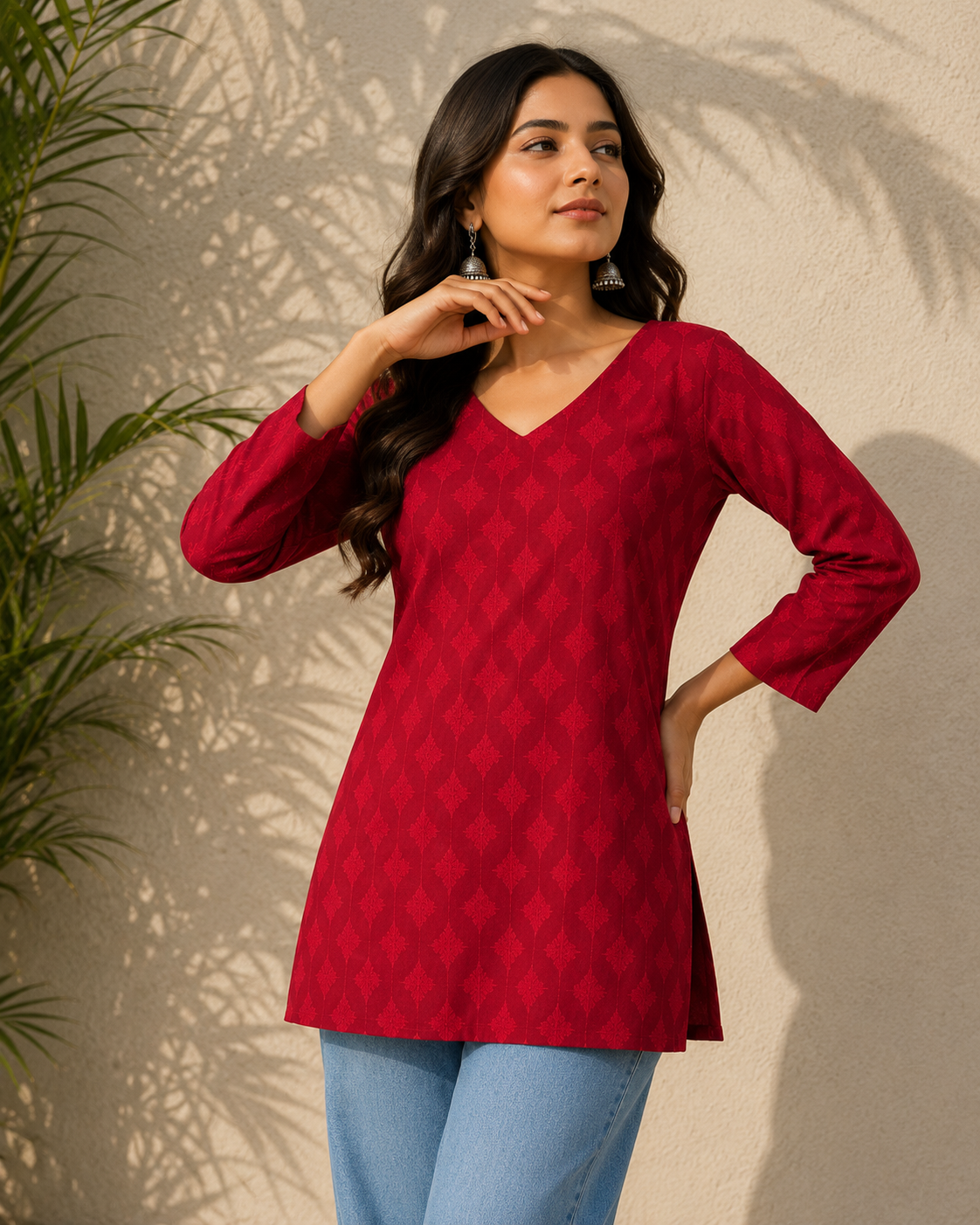 Red Geometric Print V-Neck Short Kurti