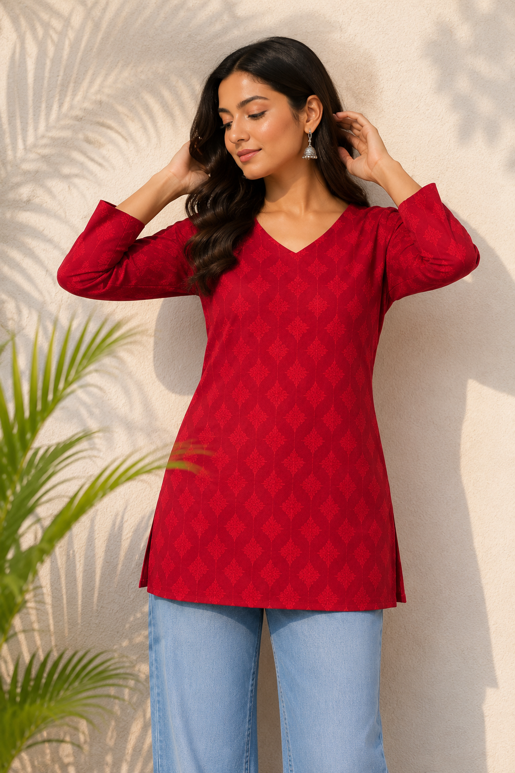 Red Geometric Print V-Neck Short Kurti