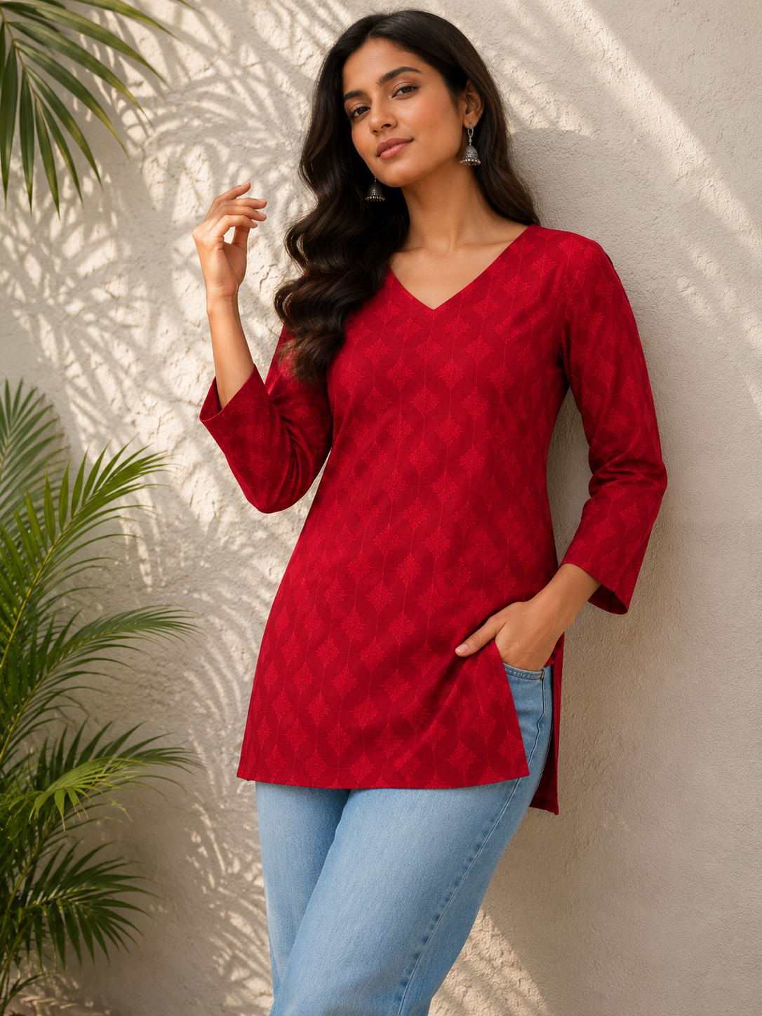 Red Geometric Print V-Neck Short Kurti