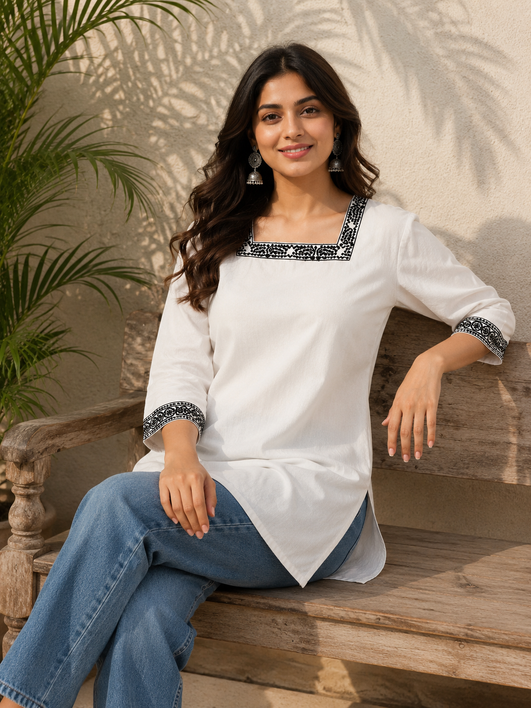 White Embroidered Square-Neck Short Kurti