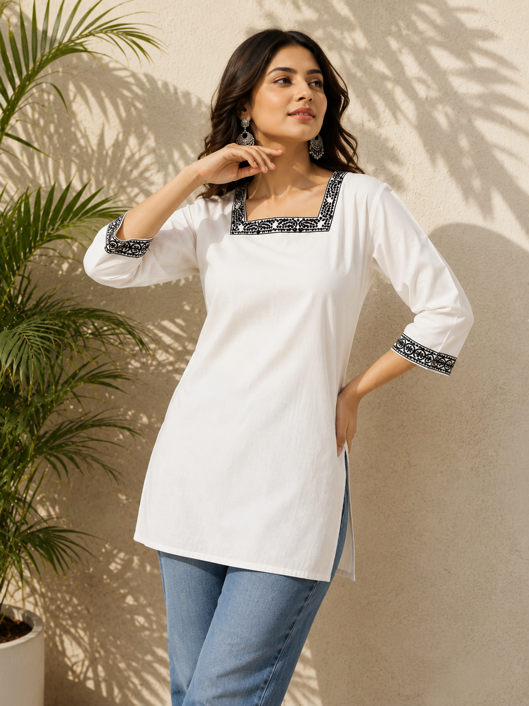White Embroidered Square-Neck Short Kurti
