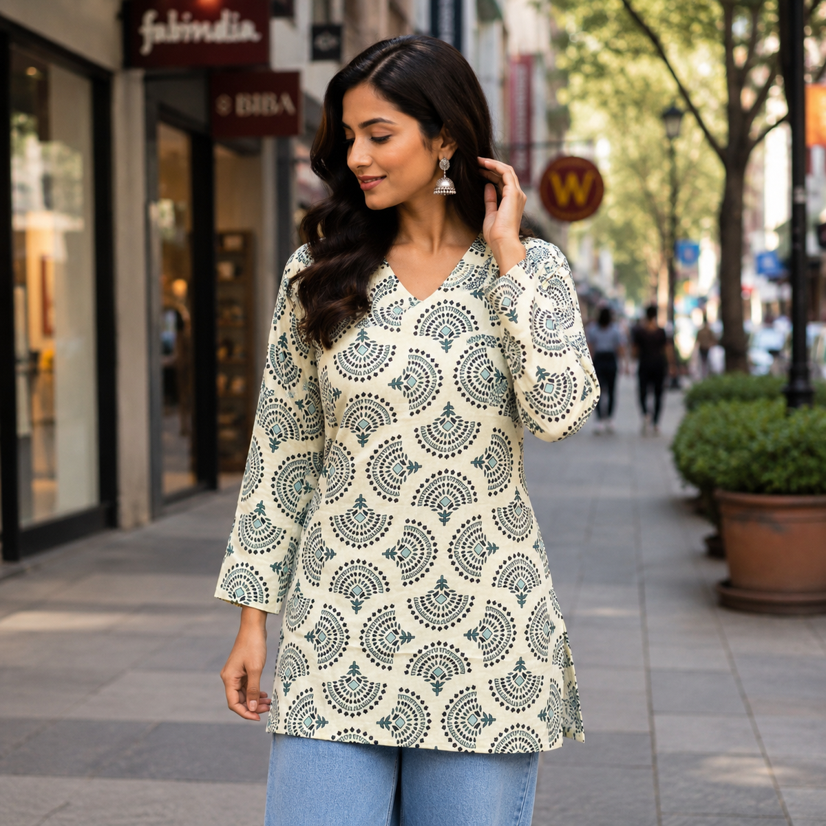 Off-White & Teal Blue Printed Short Kurti