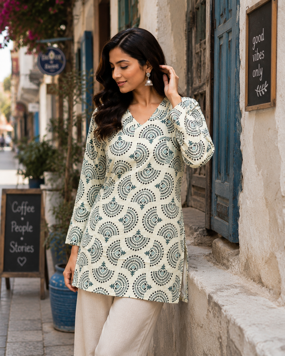 Off-White & Teal Blue Printed Short Kurti