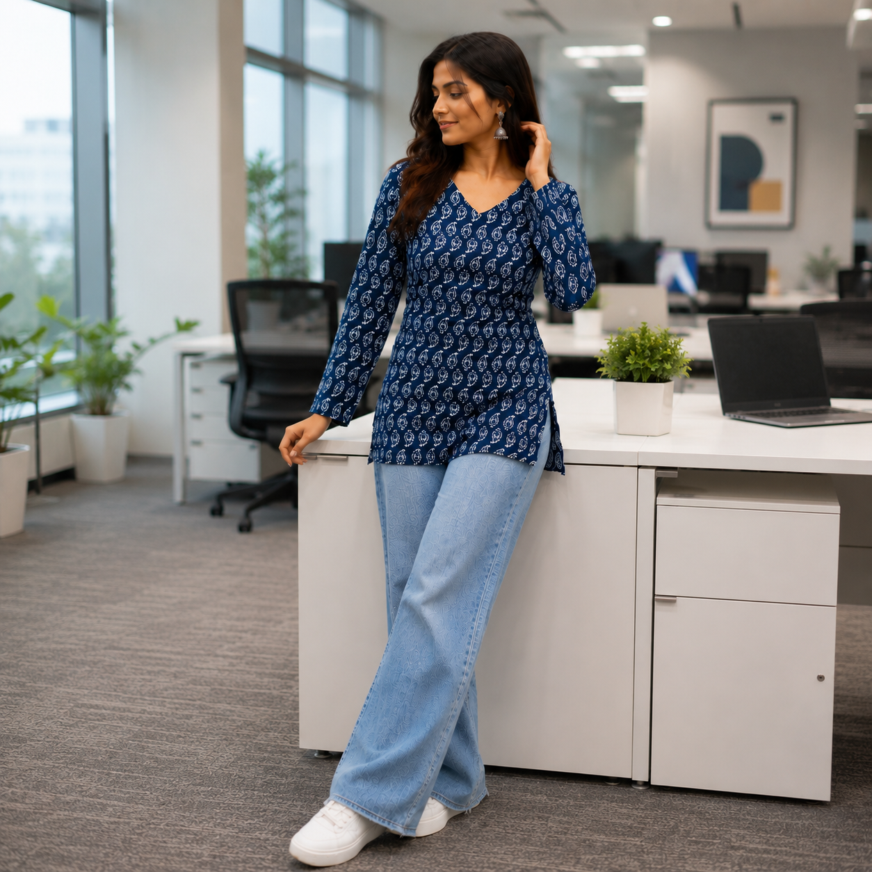 Royal Blue & White Block-Print Short Kurti