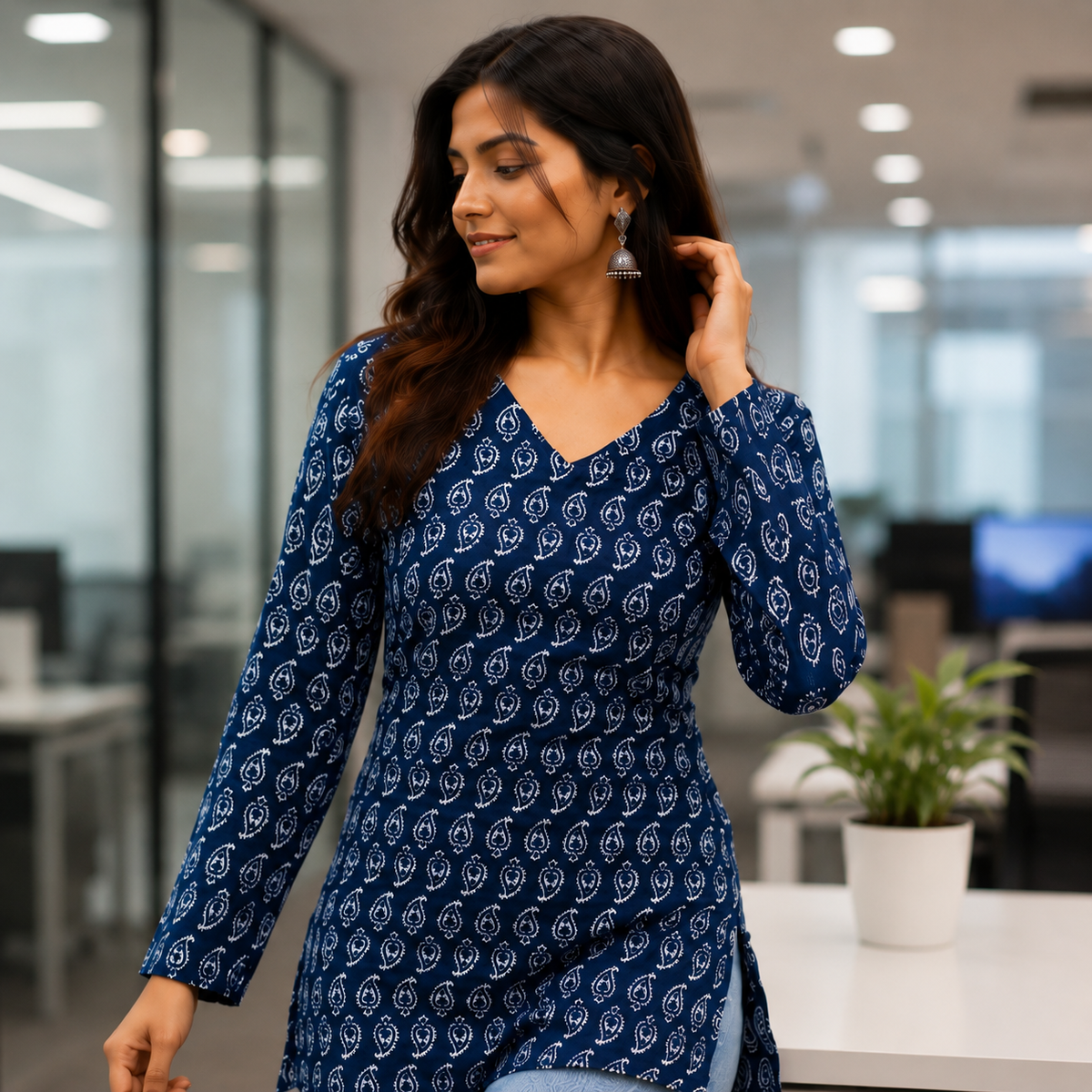 Royal Blue & White Block-Print Short Kurti
