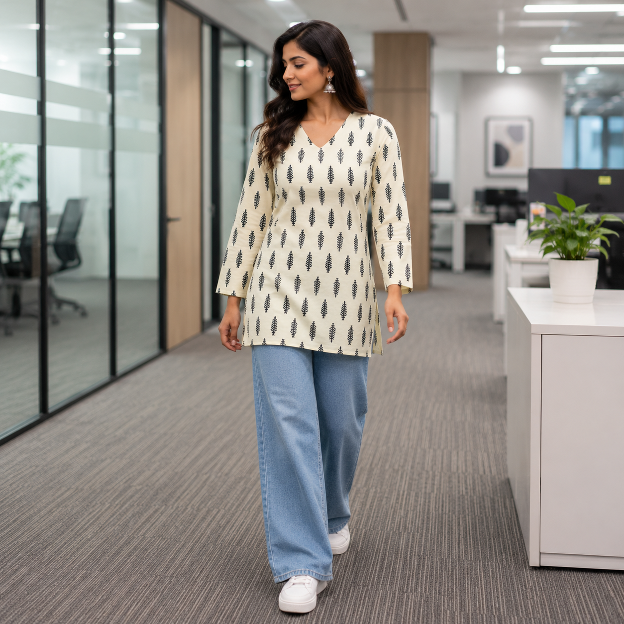 Off-White Printed V-Neck Short Kurti