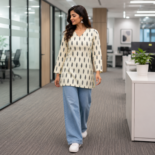 Off-White Printed V-Neck Short Kurti