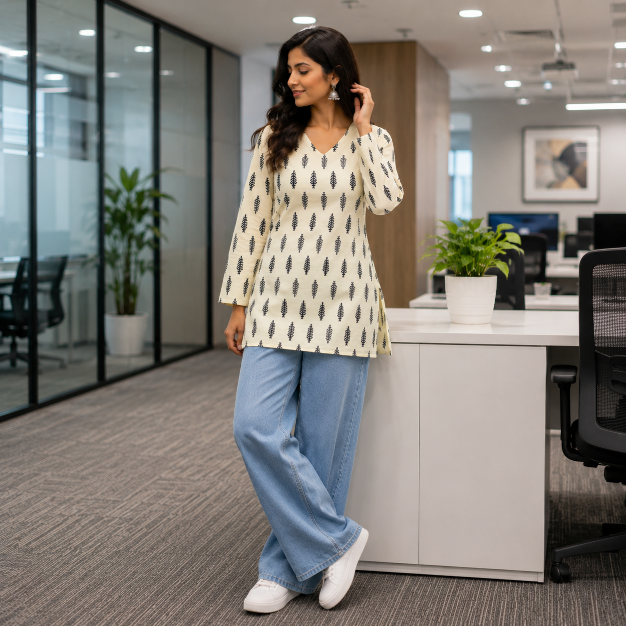 Off-White Printed V-Neck Short Kurti