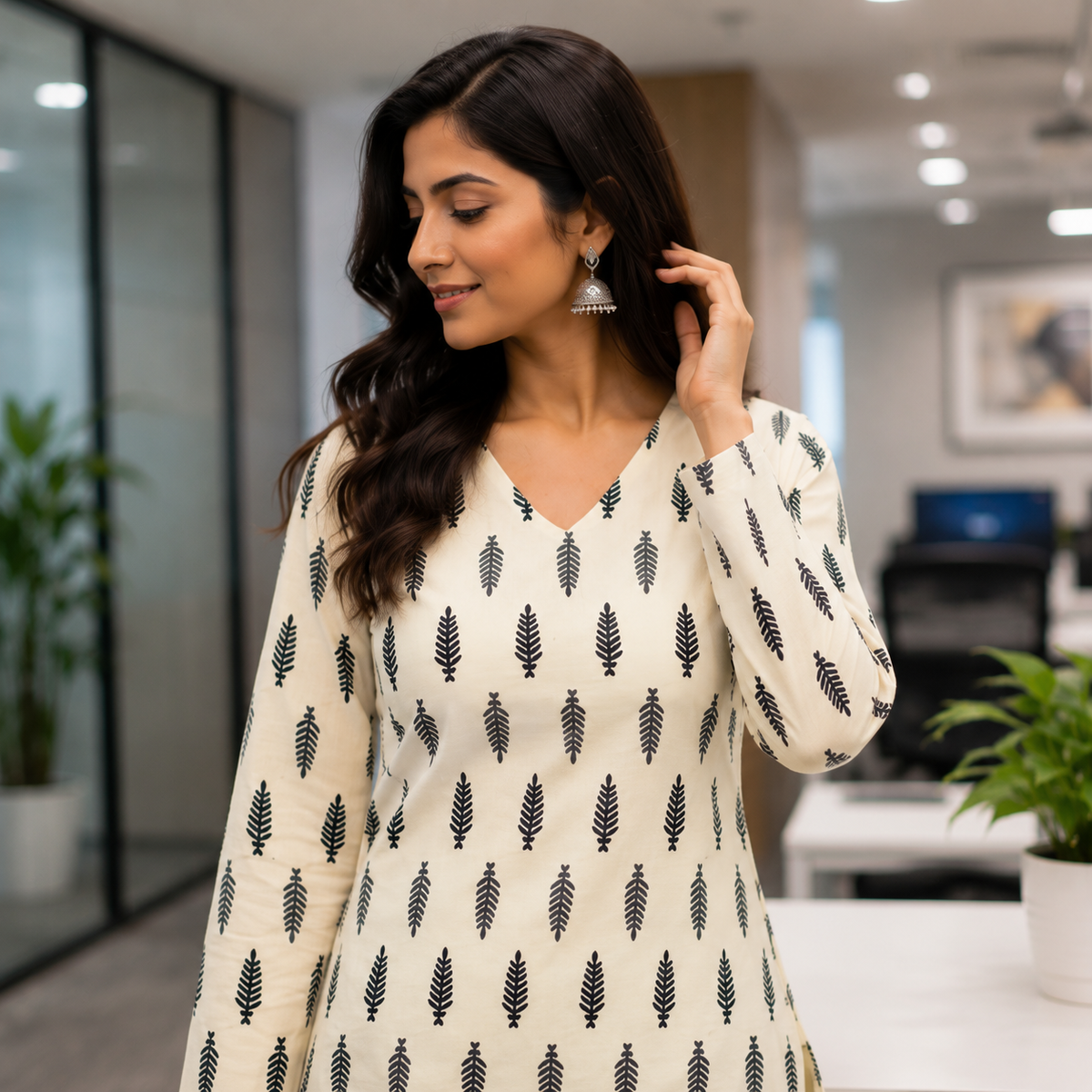 Off-White Printed V-Neck Short Kurti