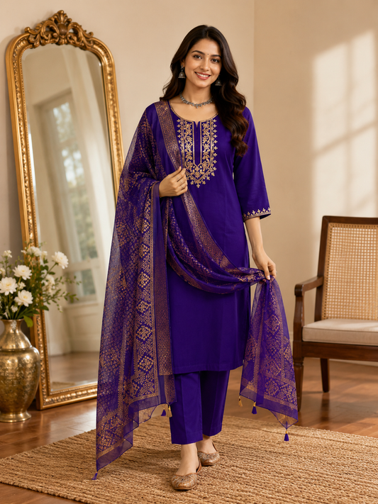 Purple Embroidered Roman Silk Suit With Dupatta