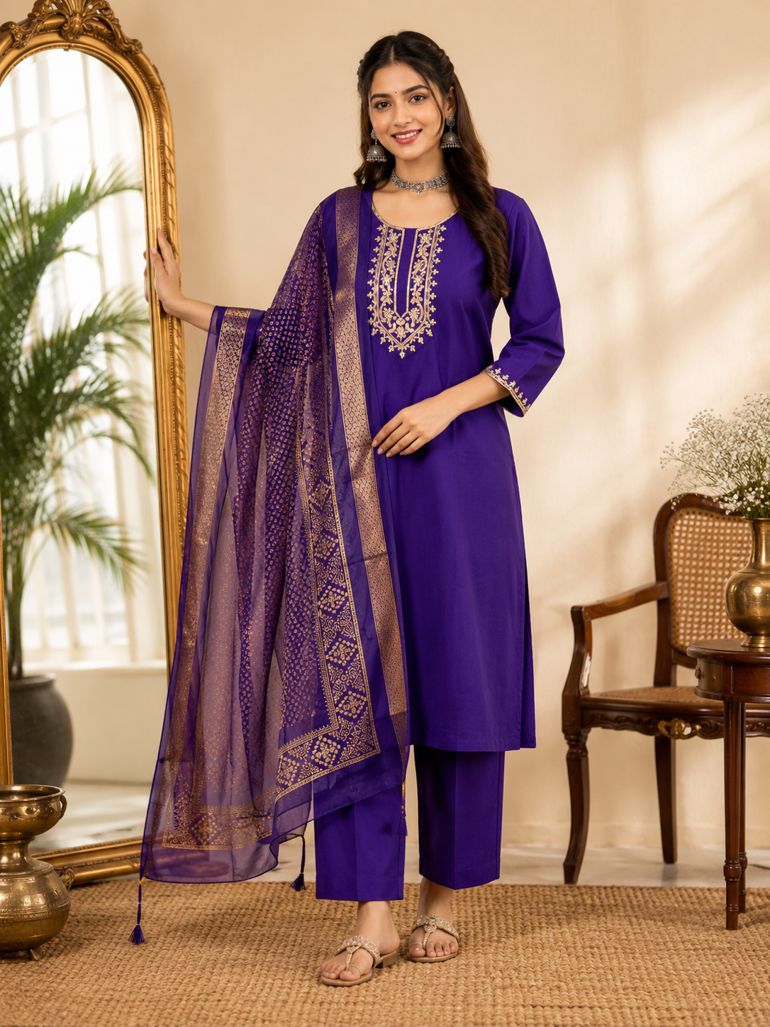 Purple Embroidered Roman Silk Suit With Dupatta