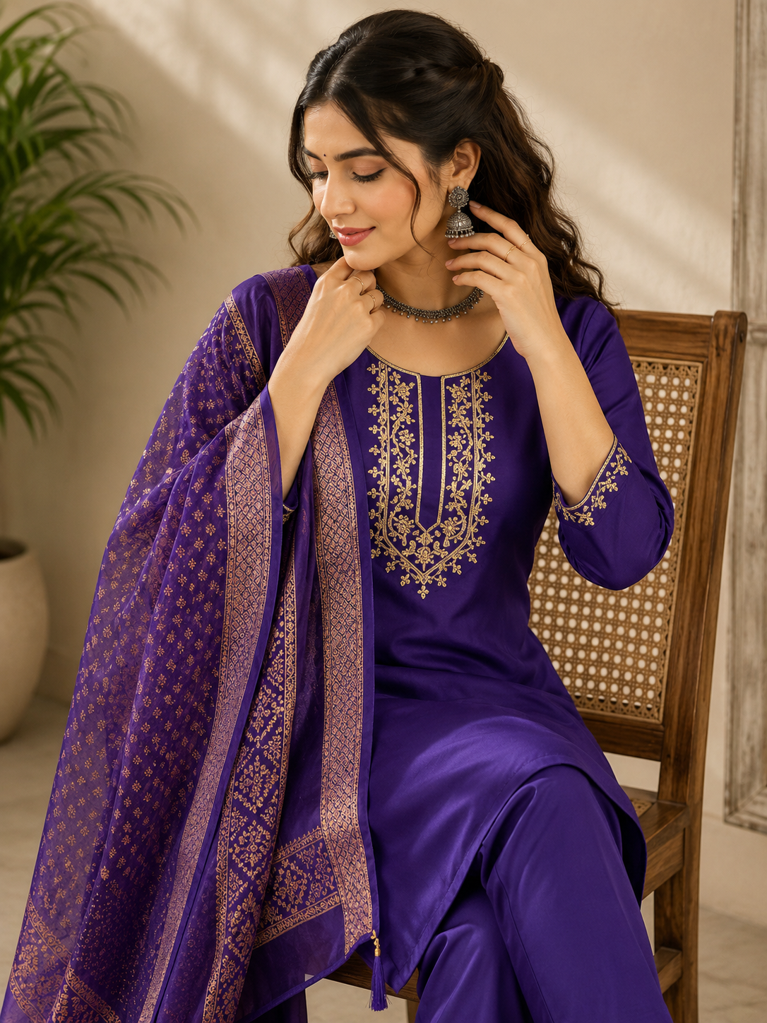 Purple Embroidered Roman Silk Suit With Dupatta