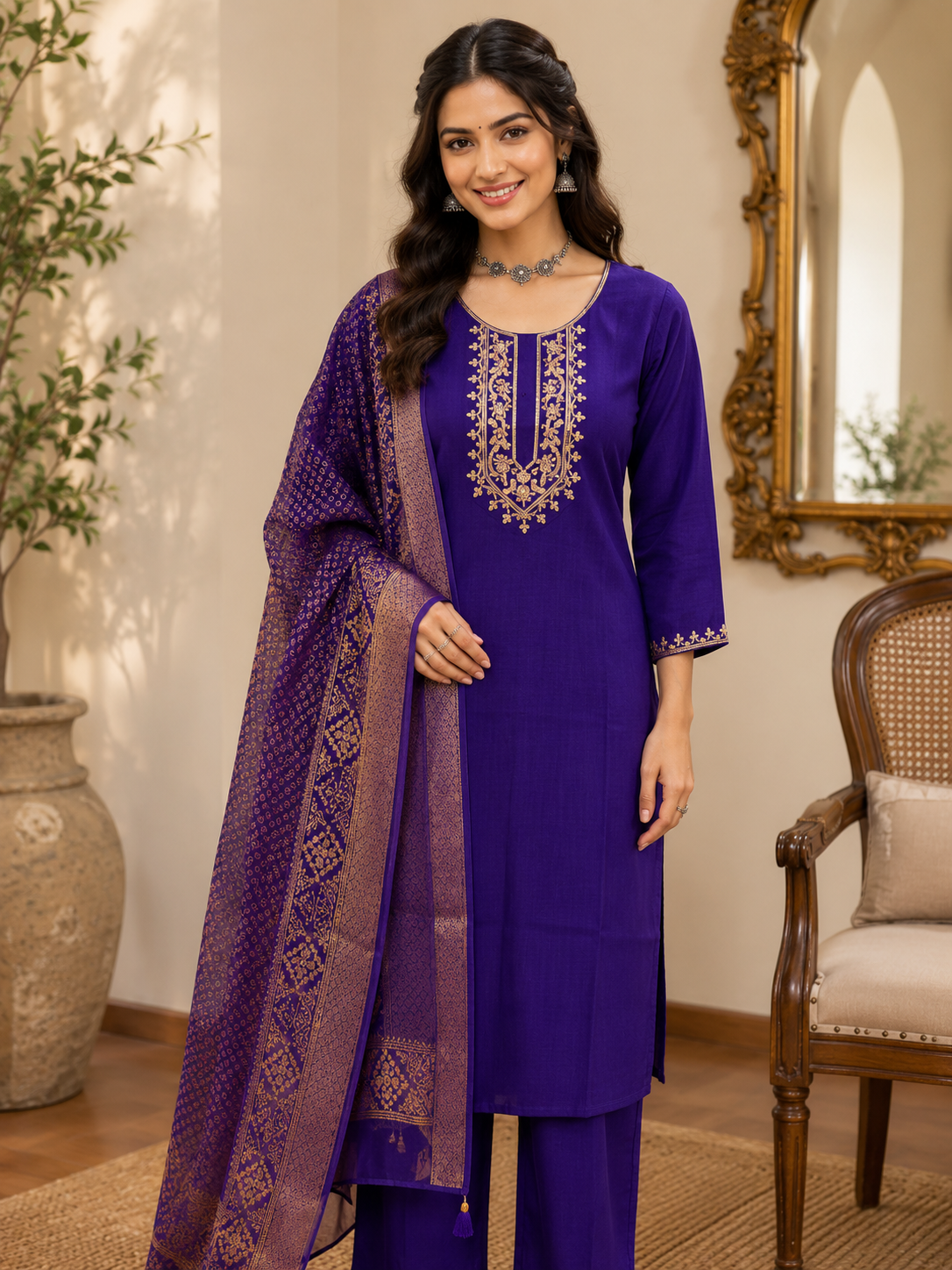 Purple Embroidered Roman Silk Suit With Dupatta