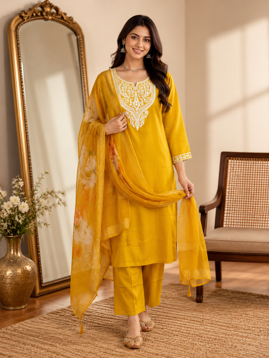 Mustard Embroidered Kurta Pant Set With Dupatta